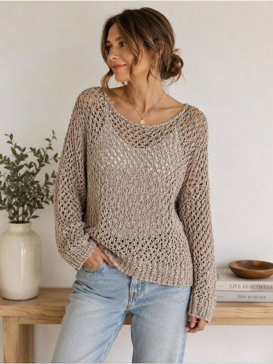 Kenar Sweaters - Kenar Open Knit Metallic Sweater XL Beige Marled Boho Crochet
